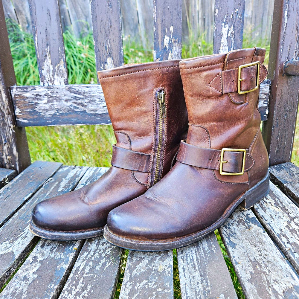 Frye Vicky Biker Moto Boot Brown Leather Zip Buckle 34778818 Womens Size 6.5B